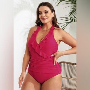 NWT Pink Ruffled V-neck Tummy Control One Piece Swimsuit XXL Cupshe Gift